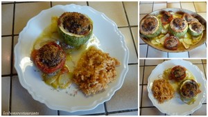 recette - Courgettes et tomates farcies sur un lit de courgettes et de tomates