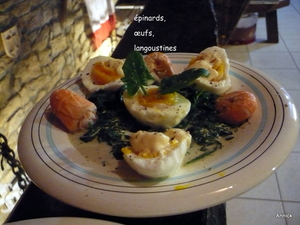 recette - Epinards, langoustines, oeufs frais du jour.