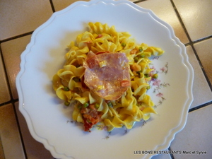 recette - Pâtes sauce au curry, petits pois, tomates et bacon