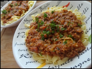 recette - Pâtes fraîches sauce bolognaise aux courgettes au Thermomix